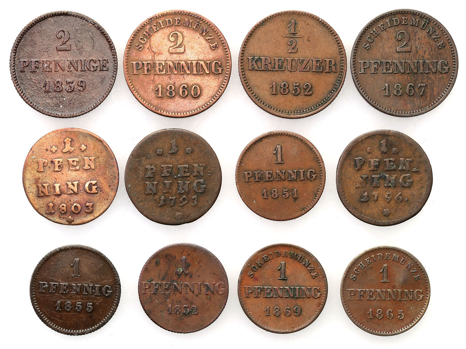 Niemcy, Bawaria. 1/2 do 2 fenigów 1795-1868, Monachium, zestaw 12 monet